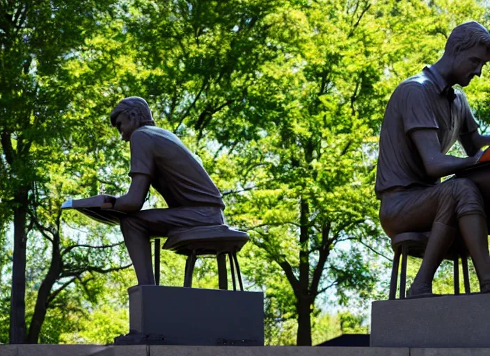 Prompt: photo still of a bronze statue of a man sitting at a desktop pc hunched over working late in a park on a bright sunny day, 8 k 8 5 mm f 1 6