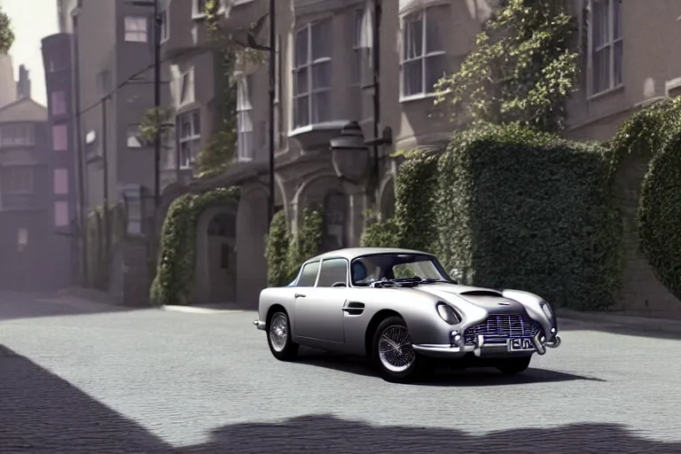 Image similar to a wholesome animation key shot of one focused short shrunk aston martin db 5, on a rich residential london street, waist height, medium range, studio ghibli, ( pixar ) and disney animation, sharp, very detailed, unreal engine 5 render, bloom, high resolution, anime key art by greg rutkowski