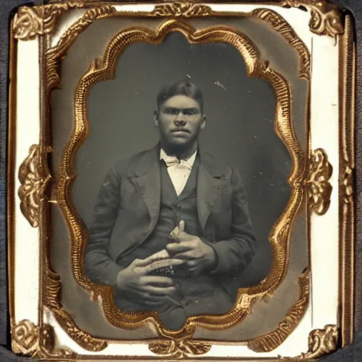 Prompt: tintype photo of a man eating a large toad