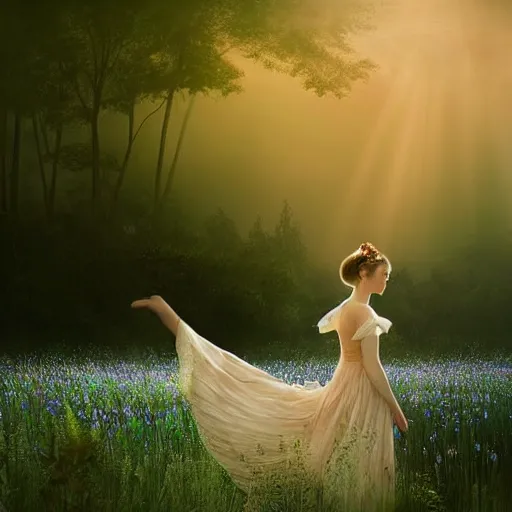 Prompt: A serene and dreamlike scene with a princess in a field of flowers, with a translucent dress and ethereal lighting, light rays, volumetrics, by Jeszika Le Vye