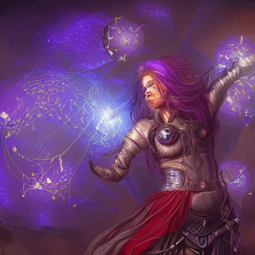 Prompt: Path of Exile, Maven, female image with silver purple hair among colourful lights, dark blue spheres fly around, Anachronism, painting, dark fantasy, steampunk, 4k,