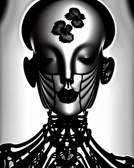 Image similar to black and white dreamy foggy poetic smoky profile face portrait, one silver steampunk realistic eye biomechanical beautiful angelic young female cyclope - cyborg - robot bust, body ribs meshes,, volumetric light, hibiscus flowers, by dora maar, rim light, big gothic fashion pearl embroidered collar, 8 k
