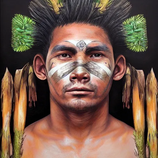 Image similar to a male tupi guarani warrior portrait, by marco mazzoni, tropical plants in his face dark background