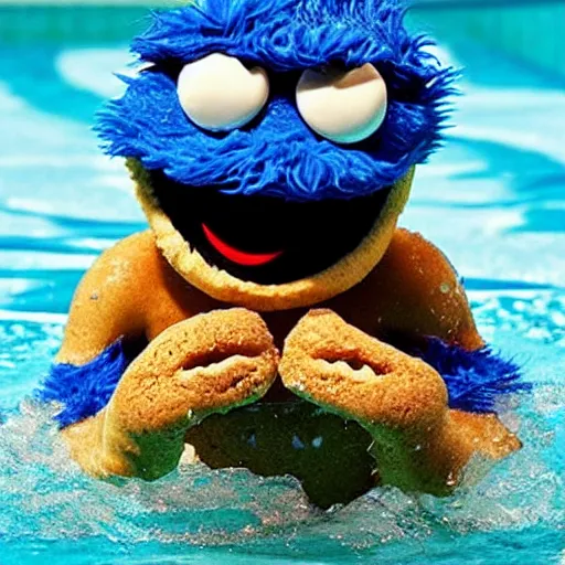 Image similar to cookie monster swimming in a pool