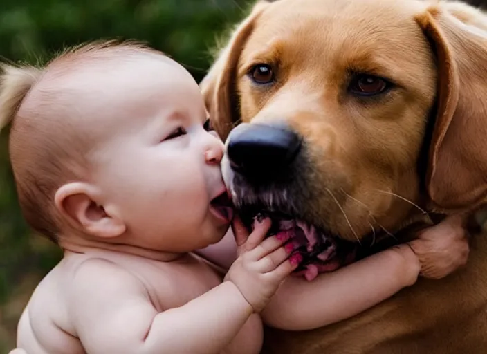 Prompt: dog licking baby's face