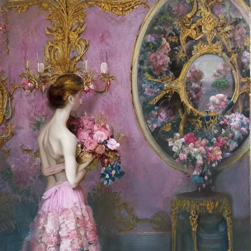 Prompt: a woman standing in a room with flowers in a vase, a photorealistic painting by elizabeth polunin, trending on cgsociety, art photography, national geographic photo, hall of mirrors, rococo