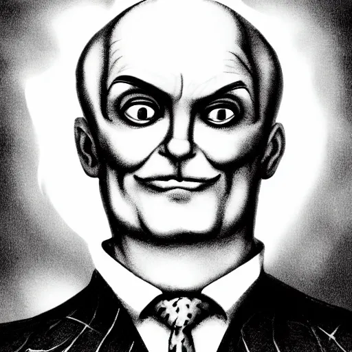 Prompt: urban fantasy character portrait of the god of illumination, an old ((somewhat mildewed)) funeral home director of Italian descent, somewhat bent over, bald on top, with a halo of unkempt hair, looking like Lurch from Addams Family, bearing a large mad grin