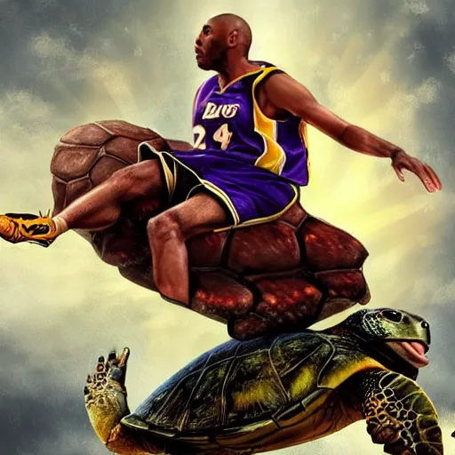 Prompt: kobe bryant riding on a turtle in heaven, amazing digital art, amazing detail, realistic face, fantasy art, artstatiom, cgsociety, epic art