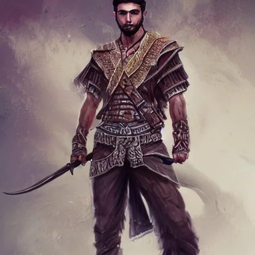 Image similar to kurdish male warrior, highly detailed, digital painting, artstation, concept art, sharp focus, illustration, incredibly strong and handsome