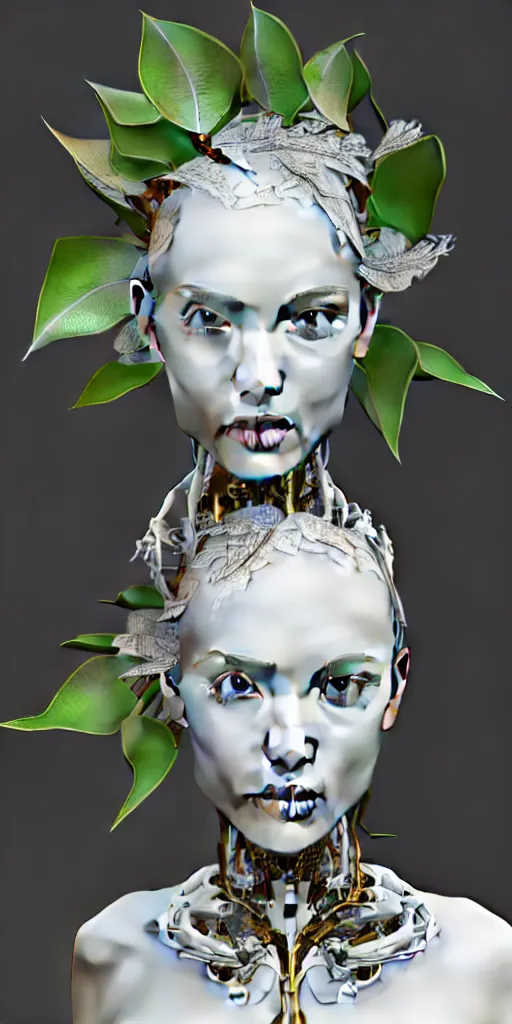 Prompt: complex 3d render ultra detailed of a beautiful porcelain profile woman face, mechanical vegetal cyborg, robotic parts, 150 mm, beautiful studio soft light, 3 point lighting, spot light, rim light, silver gold red details, luxurious, high tech gadget, cyberpunk, magnolia big filigran leaves and stems, roots, Alexander Mcqueen haute couture, fine foliage lace, lumiol, mesh wire, filigran metallic intricate details, hyperrealistic, mandelbrot fractal, anatomical, silver metal armor, facial muscles, cable electric wires, microchip, elegant, beautiful background, beautiful white teeth, octane render, H.R. Giger style, 8k