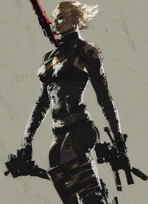 Image similar to Margot Robbie wearing metal gear armor holding gun dramatic lighting art by Richard Schmid by Hokusai by Yoji Shinkawa by greg rutkowski by Sandra Chevrier cinematic dramatic