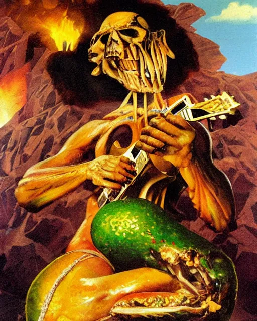 Image similar to Nikocado Avocado ripping a solo on a Gibson Les Paul in front of a mountain of deep fried turkey legs, heavy metal artwork by Frank Frazetta