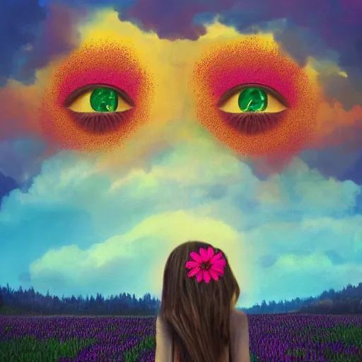 Image similar to girl with a enlarged up flower as a face, surreal photography, dream, standing in flower field, hills, big trees, sunrise dramatic light, impressionist painting, colorful clouds, digital painting, pointillism, artstation, simon stalenhag, flower face