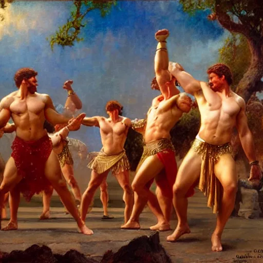 Prompt: hercules performs the ymca dance at a toga party matte painting gaston bussiere, craig mullins, j. c. leyendecker