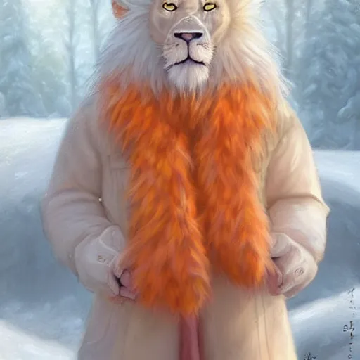Prompt: aesthetic portrait commission of a albino male furry anthro lion wearing a cute orange colored cozy soft pastel winter outfit, detailed face , hyperdetailed, autumn atmosphere. Character design by charlie bowater, ross tran, artgerm, and makoto shinkai, detailed, inked, western comic book art, 2021 award winning painting