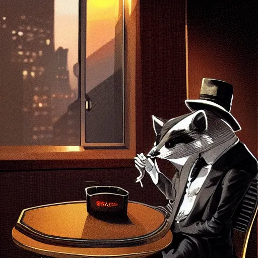 Image similar to a racoon wearing a suit smoking a cigar, dramatic lighting, cinematic, establishing shot, extremly high detail, photorealistic, cinematic lighting, artstation, style by James Gurney