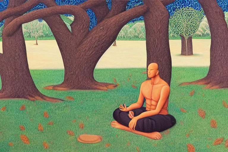 Image similar to painting of a peaceful man meditating under a tree by alex grey, acrylic art, calm, soothing, cosy, elegant, soft light,