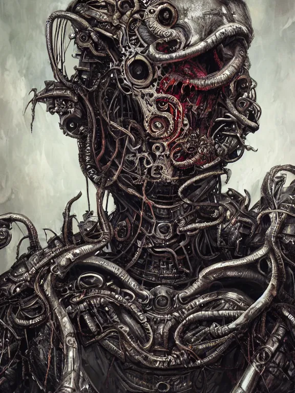 Prompt: portrait art of 8k ultra realistic undead eldritch horror, detailed intricate ornate armour,decaying, cybernetic, full of colour, cinematic lighting, battered, trending on artstation, 4k, hyperrealistic, focused, extreme details,unreal engine 5, cinematic, masterpiece, art by ayami kojima, giger