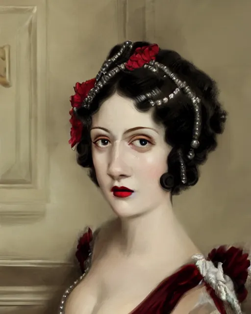 Prompt: close portrait rococo painting of a 1 9 2 0 s beautiful woman at a party in a mansion, strong contrast, unreal engine, hyper realism, realistic shading, cinematic composition, realistic render, octane render, detailed textures, photorealistic, ultrawide shot, 3 5 mm film