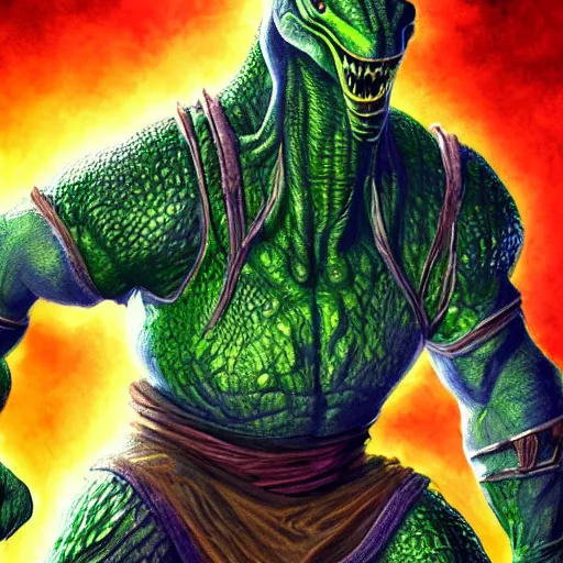 Image similar to bright, colorful, realistic, detailed from Elder Scrolls: shivering isles concept green daedroth aligator man full body backlighting, kodachrome, high contrast, highly detailed, sharp focus, digital painting, concept art, illustration, trending on artstation, comic book by Alex Ross and Adam Adamowicz cover art