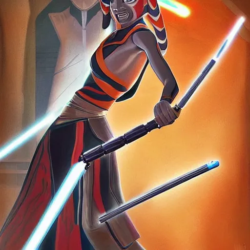 Prompt: a finely detailed painting of Ahsoka Tano wielding her Jedi lightsabers, by Dave Filoni