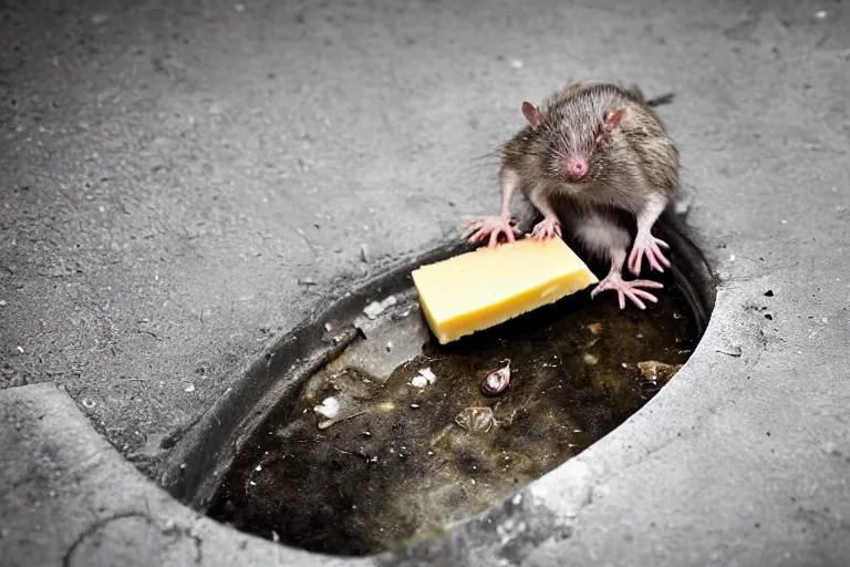 Image similar to a mutant disgusting rat eating cheese in a sewer, photograph, terror, horror, mutant,