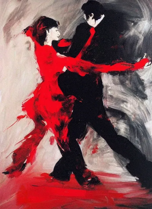 Prompt: tango dancerin in red and black dress, painting by phil hale, fransico goya,'action lines '!!!, graphic style, visible brushstrokes, motion blur, blurry, sensual, visible paint texture, crisp hd image