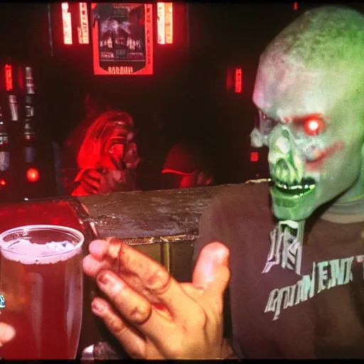 Prompt: doom slayer from doom eternal drinking beer in a bar, photography, 9 0 s