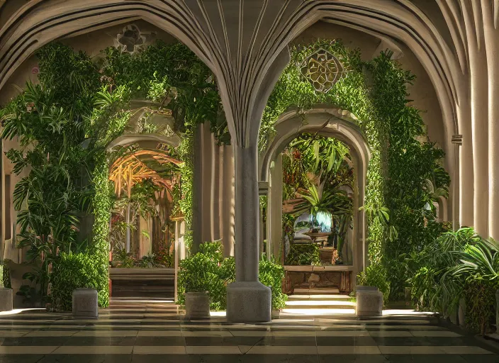 Image similar to cathedral interior with koi pond in the middle surrounded by palm trees, ivy, flowers, tropical plants, roses, and with archways. rendered in octane render with photorealistic lighting