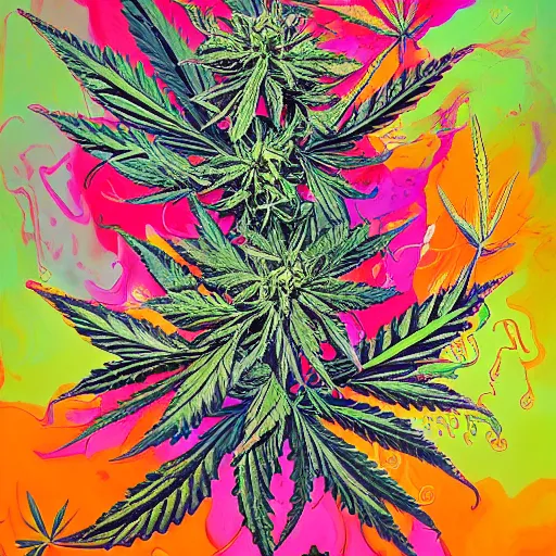 Prompt: intricate painting of marijuana flowers by james jean trending on artstation, vivid colors, woman dancers