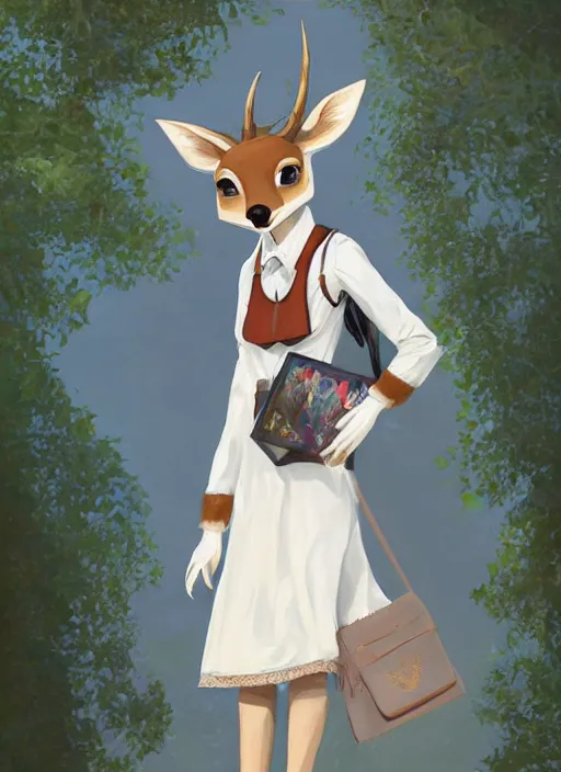 Image similar to beautiful portrait commission of a shy female furry anthro whitetail deer fursona wearing a white blouse and a knee-length skirt, holding a bookbag while walking through a college campus, intricate, elegant, highly detailed, digital painting, artstation, concept art, smooth, sharp focus, illustration, art by Krenz Cushart and Artem Demura and alphonse mucha