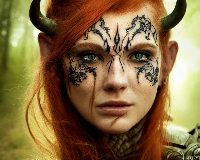 Image similar to 5 5 mm portrait photo of an armored gorgeous anesthetic redhead woman warrior with a face tattoo and horns growing from her head, in a magical forest in the style of stefan kostic, art by luis royo. highly detailed 8 k. intricate. lifelike. soft light. nikon d 8 5 0. cinematic post - processing