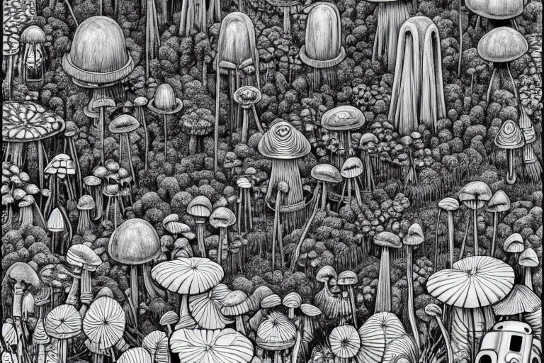 Prompt: surreal line art by ricardo bofill!!, a lot of jungle flowers and plants + poison toxic mushrooms surrounded by cables + long grass + broken droid + garden dwarf + big stone + mystic fog, 5 0's vintage sci - fi style, rule of third!!!!, line art, 8 k, super detailed, high quality, top view
