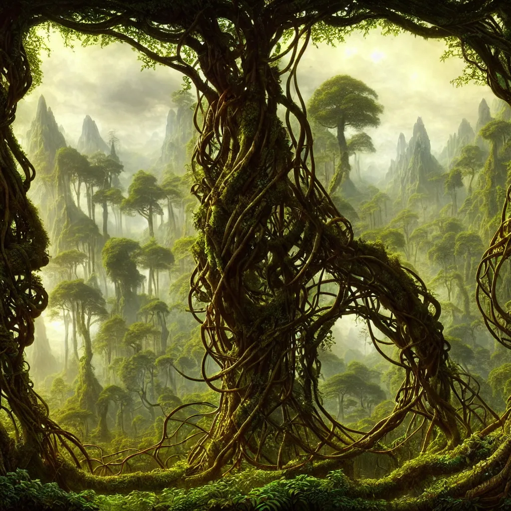 Image similar to a beautiful and highly detailed matte painting of an elven temple in a magical fantasy garden in a lush forest, ancient runes, knotted trees, tangled vines, intricate details, epic scale, insanely complex, 8 k, sharp focus, hyperrealism, very realistic, by caspar friedrich, albert bierstadt, james gurney, brian froud,