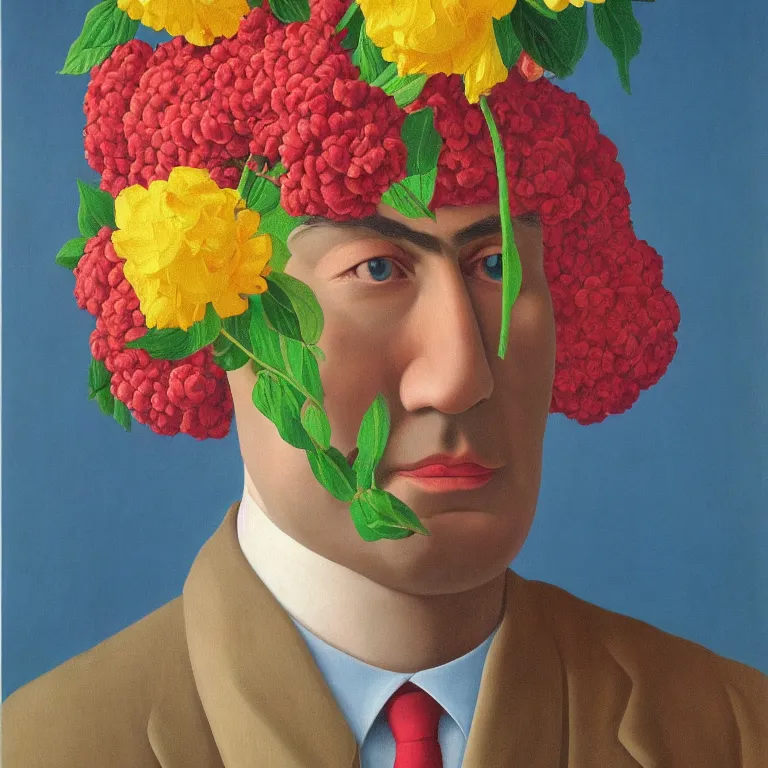 Image similar to portrait of a man, beautiful large flowers replaced his head, by rene magritte, detailed painting, hd, hq, high resolution, high detail, 4 k, 8 k