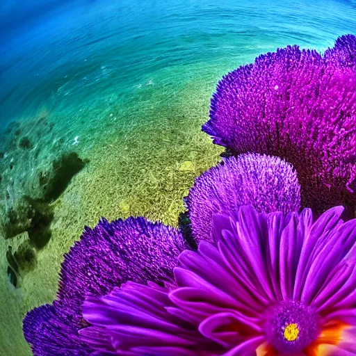 Prompt: photo 1 2 mm wide angle, flower in the sea