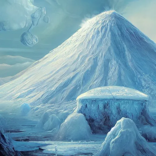 Prompt: an ice volcano, oil painting, cold, snow landscape, sci-fi concept art, very detailed