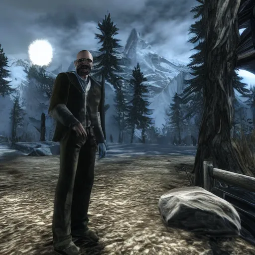 Image similar to in-game screenshot of Walter White as a detective in the game Skyrim