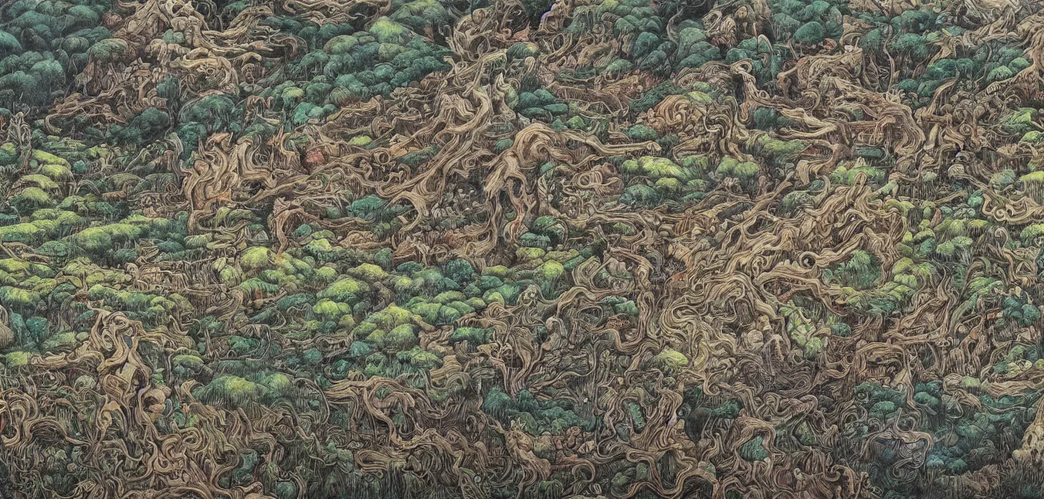 Image similar to epic beautiful painting of a detailed artisan landscape in the style of Junji Ito