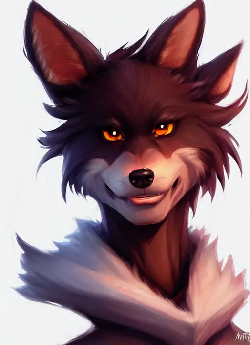 Image similar to character concept art of a black anthropomorphic furry male wolf long red hair | | cute - fine - face, pretty face, key visual, realistic shaded perfect face, fine details by stanley artgerm lau, wlop, rossdraws, james jean, andrei riabovitchev, marc simonetti, and sakimichan, trending on artstation