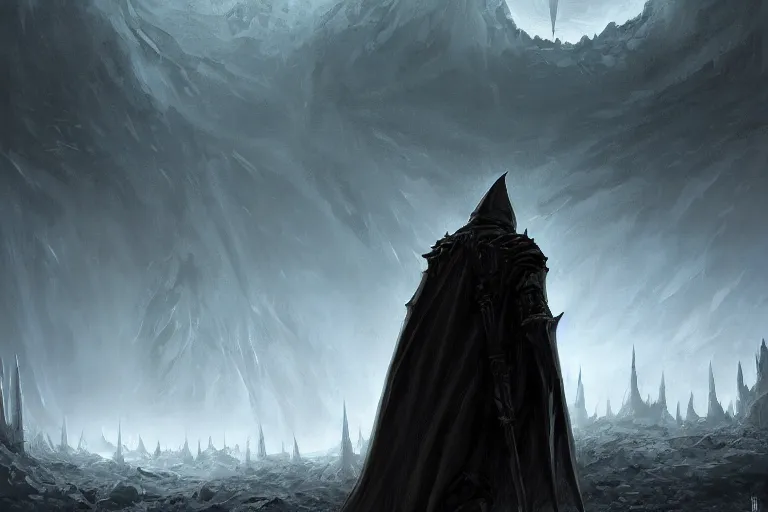 Image similar to concept art mood painting environment painting man walking towards minas morgul ominous dark spectral fortress lord of the rings. style of, ryan church, jon mccoy, george hull, painting