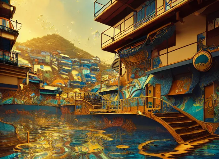 Image similar to art nouveau favela, underwater environment, scenery, professional, award - winning, trending on artstation, hyper detailed, realistic, beautiful, emotional, shiny, golden, picture