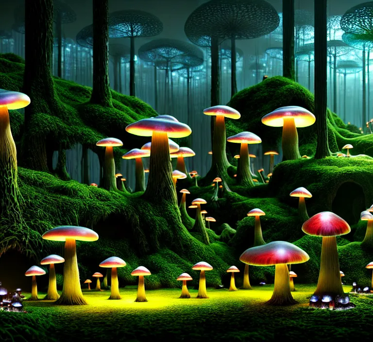 Image similar to hyperrealism photography hyperrealism concept art of highly detailed glowing with a million different species of mushrooms in forest at night highly detailed futuristic ( fantasycore ) city by wes anderson and hasui kawase and scott listfield sci - fi style hyperrealism rendered in blender and octane render volumetric natural light