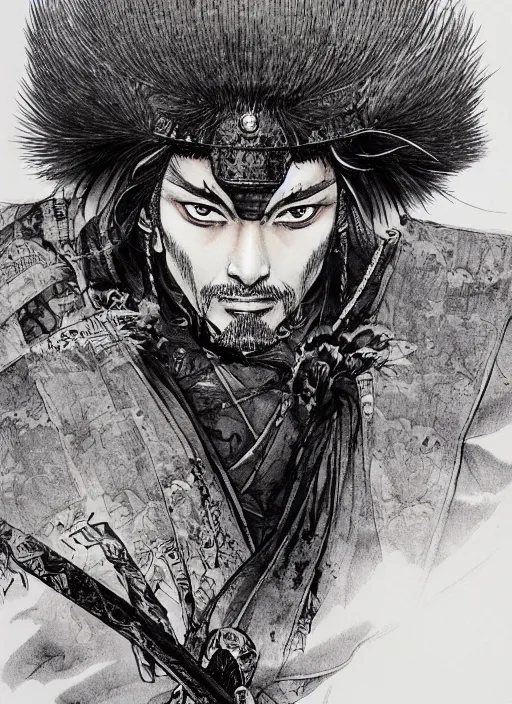 Prompt: portrait of a raven samurai, by takehiko inoue and kim jung gi and hiroya oku, masterpiece ink illustration,