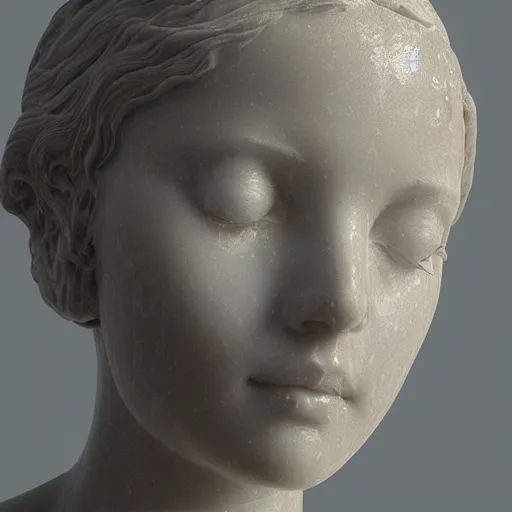 Image similar to “a delicate renaissance marble sculpture of a !female !!face , covered with water veil, highly detailed transparent marble cloth, gi, global illumination, physically based rendering, photorealistic, top light , dark background”