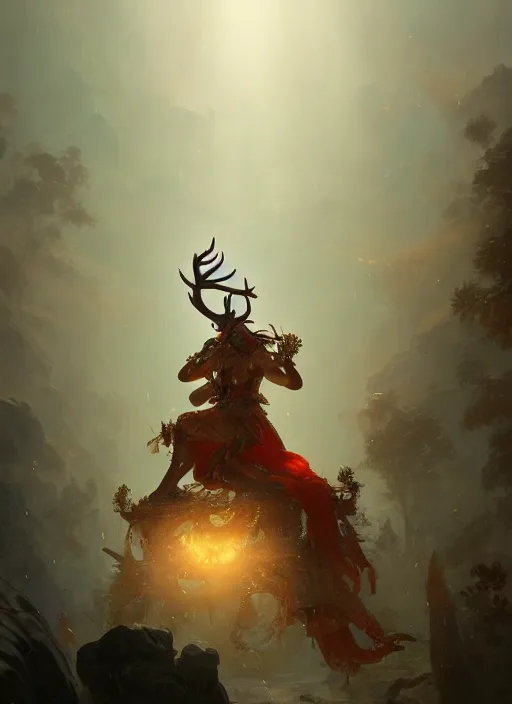 Prompt: Gigantic Deity with antlers and translucent mushrooms, extremly detailed digital painting, in the style of Fenghua Zhong and Ruan Jia and Jeremy Lipking and Peter Mohrbacher, rim light, beautiful lighting, mystical colors, 8k, stunning scene, raytracing, octane, trending on artstation