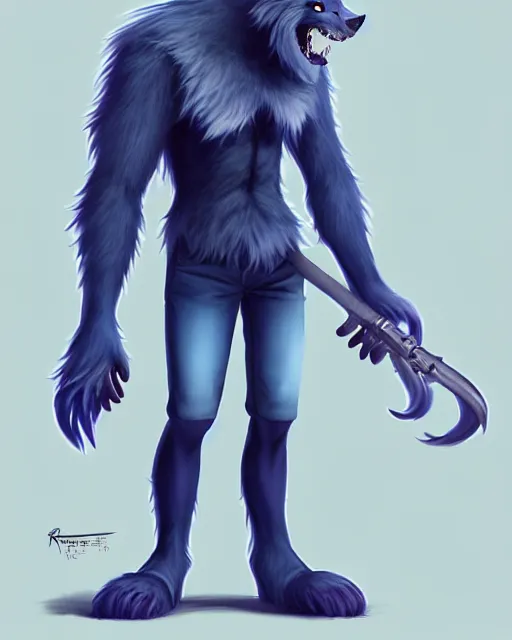 Prompt: character concept art, cute adult male anthropomorphic furry, cute fine face, darkblue werewolf, pants, pretty face, key visual, long human lightblue hair, realistic shaded furry face, fine details by stanley artgerm lau, wlop, rossdraws, james jean, andrei riabovitchev, marc simonetti, and sakimichan