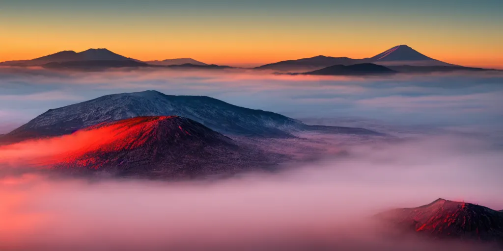 Image similar to landscape, mountains, low fog cover, volumetric lighting, sunrise, volcanoes, dawn, red tint
