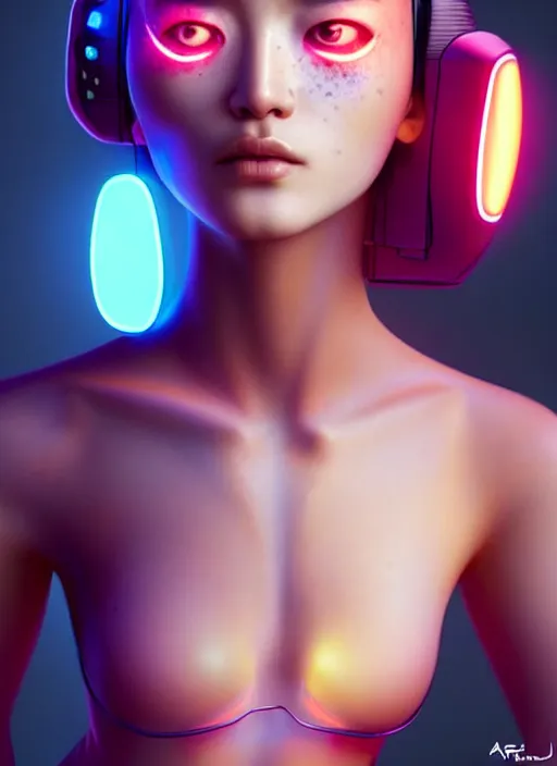 Image similar to photorealistic portrait of oriental female humanoid with freckle cheeks, cyber neon lightings, wide angle, highly detailed, cyberpunk high fashion, elegant, crispy quality, trending in artstation, trending in pinterest, glamor pose, no signature, no watermark, cinematic, octane render, art by artgerm, art by greg rutkowski, art by pascal blanche