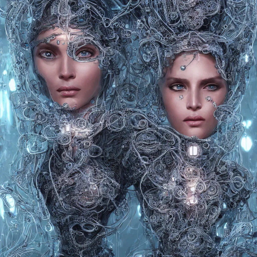 Image similar to very beautiful woman integrating with technology, full face, insipiring, detailed intricate ornate cables connected to head, big open electric eyes, luxurious detailed abundent wiring and implants, diamonds, sci-fi, neon, emeralds, detailed technology full background, highly detailed, artstation, Rene Lalique and Eddie Mendoza